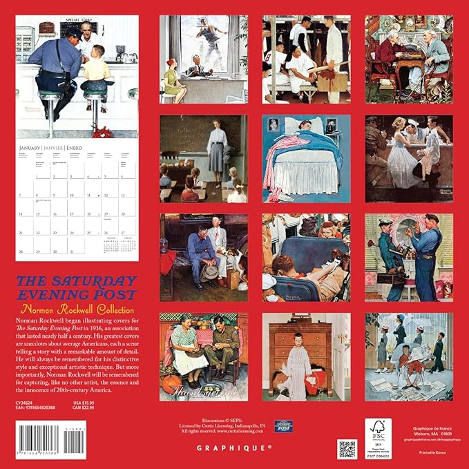 Graphique 2024 Saturday Evening Post Wall Calendar | 12” x 12” | Thick Paper | Home & Office Organizer | Large Monthly Grid | 3 Languages & Marked Holidays | 4 Month Preview Page for 2025