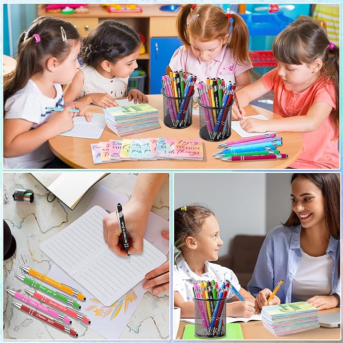 96 Pcs Watercolor Bulk Motivational Pens Inspirational Notepads Set, Pocket Motivational Quote Notebooks Ballpoint Pens, Mini Journals Gift Set for Kids Students Teachers School Office Prizes Supplies
