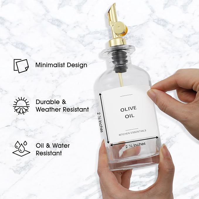 Olive Oil & Coffee Syrup Labels for Bottles - 2.5" x 2.5" Waterproof Kitchen PVC Sticker Labels for Oils, Coffee Syrups, Vinegars, Sauces, Cooking Wines, Condiments - Minimalist White, 61pcs