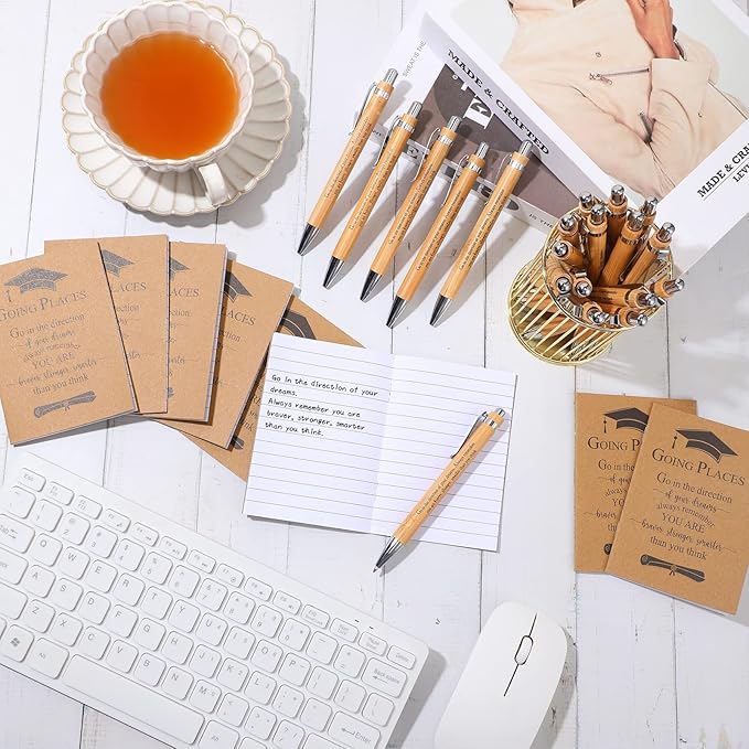 Kosiz 60 Pcs Graduation Gifts Motivational Mini Journal Inspirational Bamboo Pen Kraft Notebooks Bulk Wooden Retractable Ballpoint Pen for Class of 2025 College Gifts (Wooden)