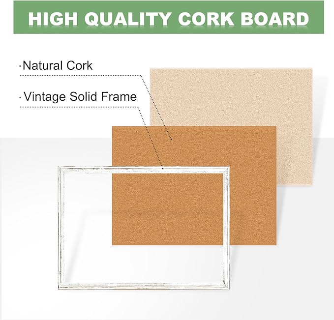 DOLLAR BOSS White Cork Board - 24 X 18 Inches, Rustic Wooden Frame, Decorative Hanging Pin Board for Office & Home Decor