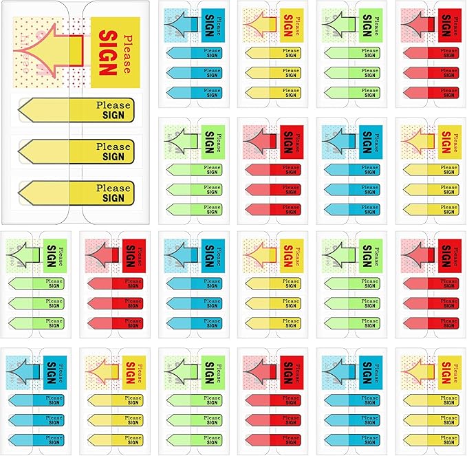 Teling 2000 Pcs/ 20 Packs Sign Here Sign Date Tabs Stickers Colored with Dispenser Arrow Flag Tabs with Dispenser Easy to Post for Notary Books Paper(Stylish Style)
