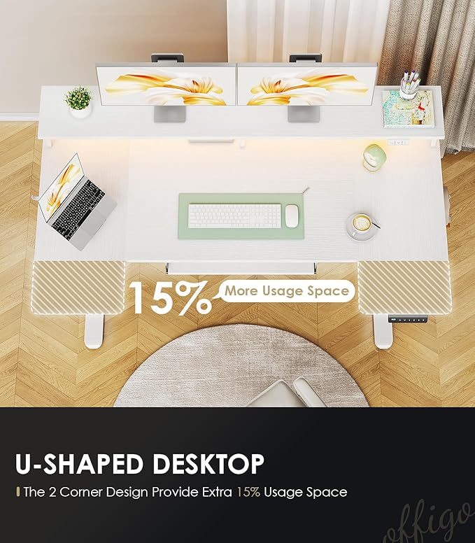 U Shaped Electric Standing Desk with Keyboard Tray, 55 Inch Height Adjustable Desk with Power Outlets & LED Lights, Sit Stand Table with Monitor Stand for Home, Office, White
