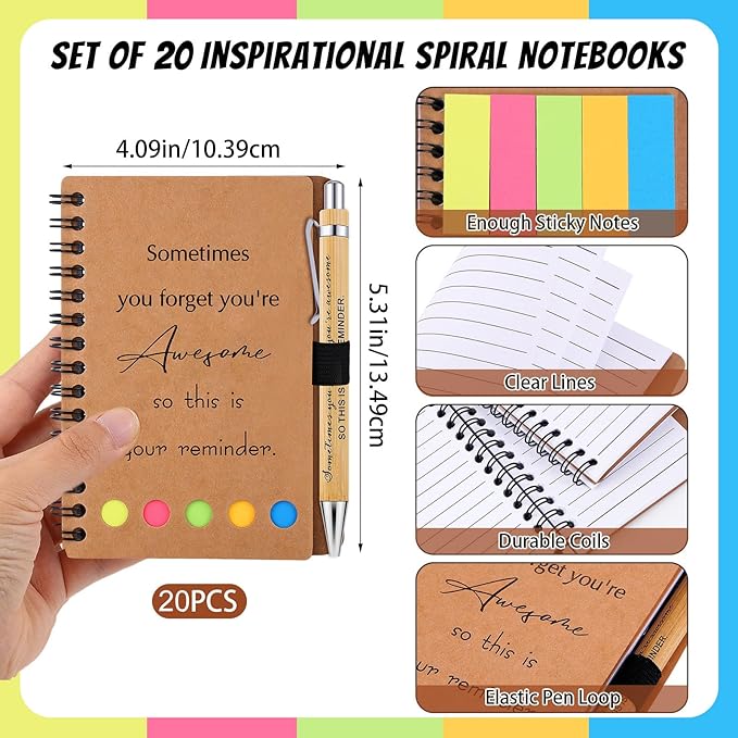 20 Sets Employee Appreciation Gifts Inspirational Spiral Notebooks with Sticky Notes Notepads Motivational Bamboo Ballpoint Pens for Nurse Coworker Teacher (SOMETIMES)