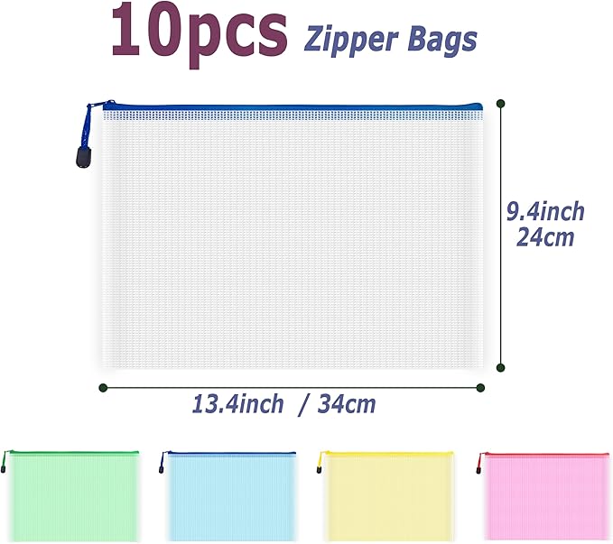 AUSTARK 10 Pcs Zipper File Bags, Waterproof Plastic Mesh Pouch for Office School, Board Game Storage Bags (A4 Size 13.4''x9.4'', Multicolored)