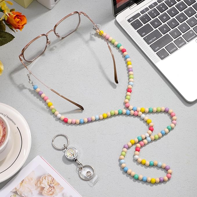 BESARME Teacher Lanyard with ID Holder Colorful Cute Wooden Beaded Lanyards for ID Badge Holders Retractable Badge Reel Keys Eyeglass Chains for Women