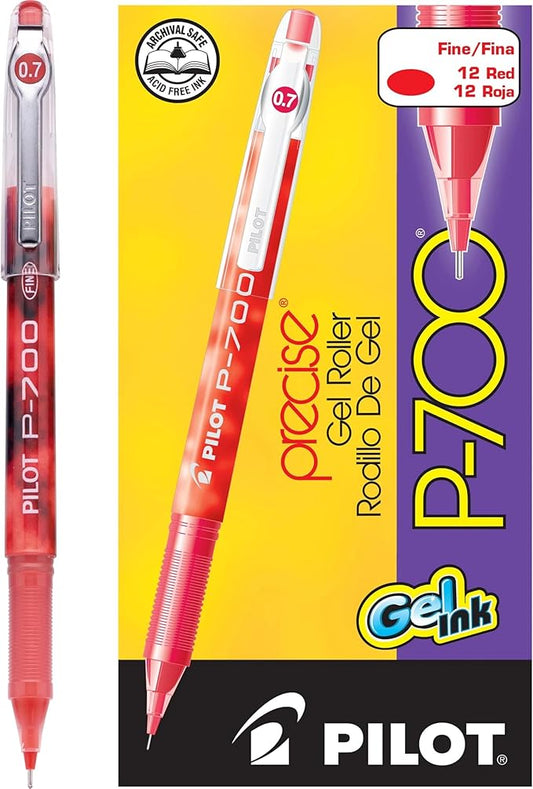 Pilot, Precise P-700 Gel Ink Rolling Ball Stick Pens, Marbled Barrel, Fine Point 0.7 mm, Red, Pack of 12
