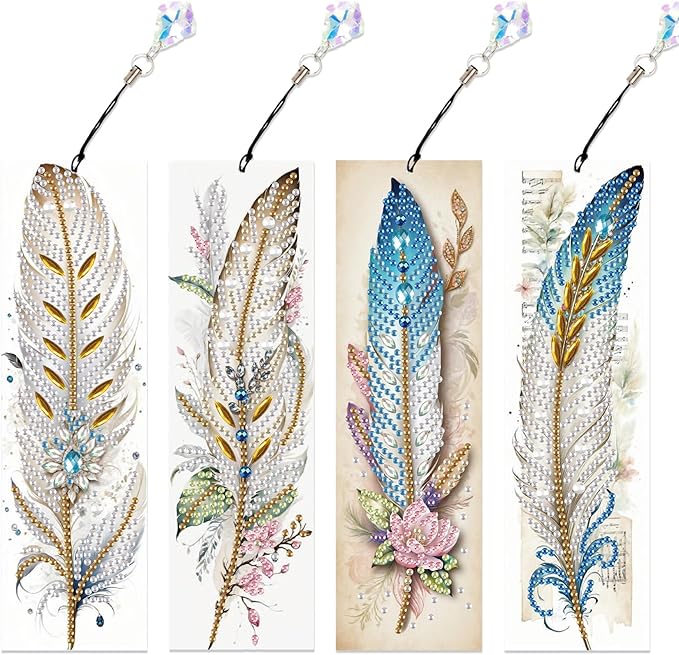 4-Piece 5D Diamond Painting Bookmarks Set, DIY Craft Kit with Rhinestones – Elegant Vintage Style Feather Design, Perfect for Book Lovers Adults, Unique Diamond Art Craft Bookmarks with Tassels