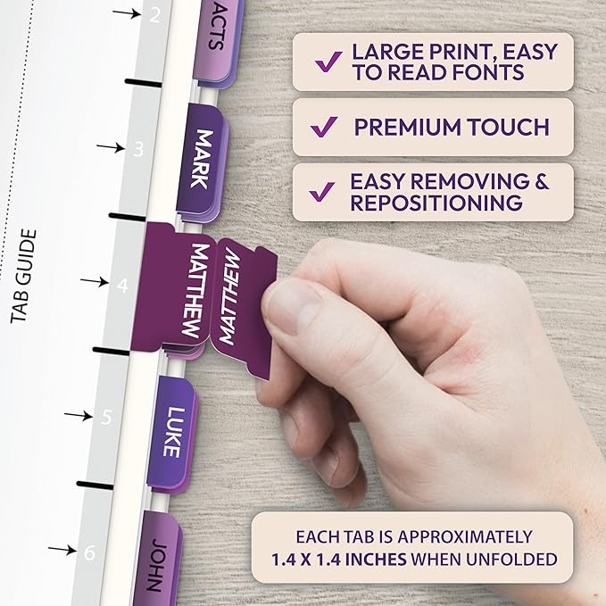 Purple Bible Tabs, 90 Large Print Bible Index Tabs for Study Bible, Laminated Easy-to-Read Label, Christian Gift for Women, Men, Kids