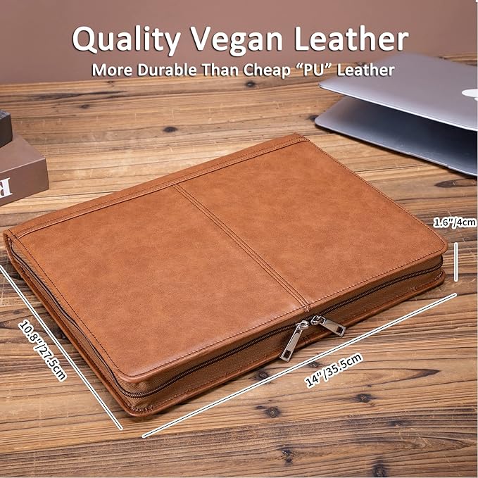 Personalized Leather Portfolio with 3 Ring Binder, Vegan Leather Padfolio Zippered, A4 Notebook Holder Customized Business Folder Organizer Gift for Men and Women, Brown