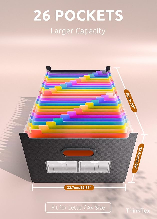 ThinkTex 26 Pockets Expanding File Folder, Upright & Open Top, A-Z Colorful Tabs, Larger Capacity Accordian Folder, Letter/A4 Size for School, Home and Office