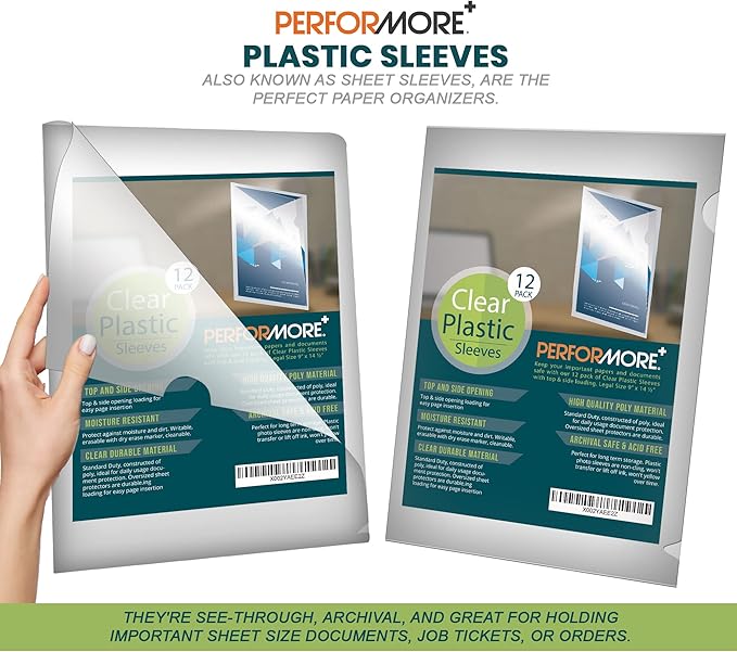 Performore 12 Pack of Clear Project Pocket Sleeves, 9" X 14.5" Legal Size Transparent Plastic Folder Protectors for Documents, Files and Papers, Premium Quality