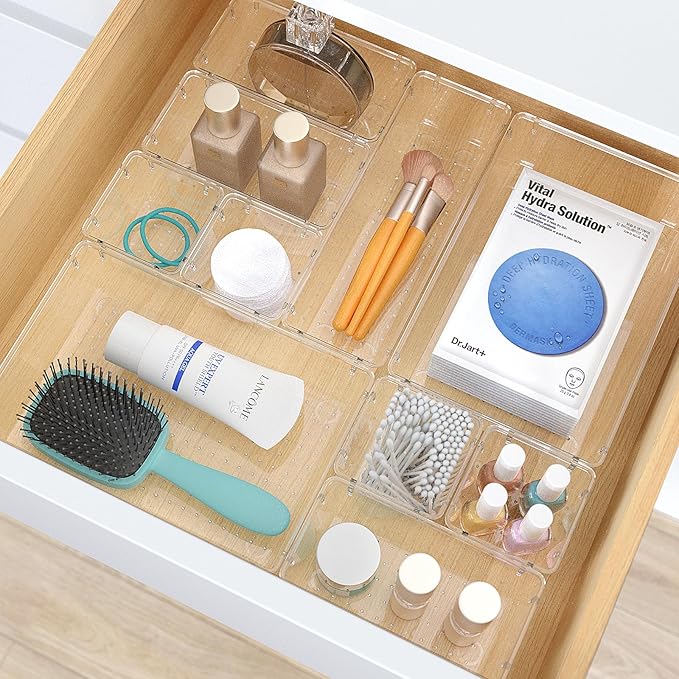 13 PCS Clear Plastic Drawer Organizers Set, 4 Size Desk Drawer Organizer Trays for Makeup, Jewelry, Kitchen Utensils, Gadgets and Office Accessories