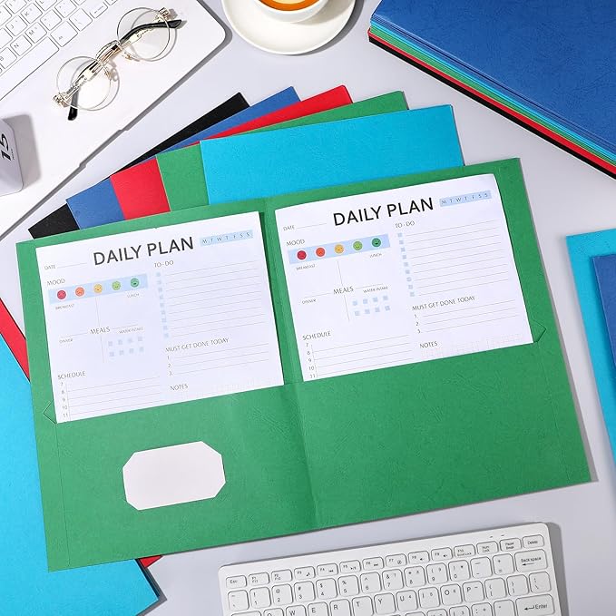 Harloon 75 Pack Two Pocket Portfolio Folders Bulk, 8.5 x 11 Inches Textured Paper with Business Card Slot Letter Size File Folders for Office School Classroom (Multi Colors)