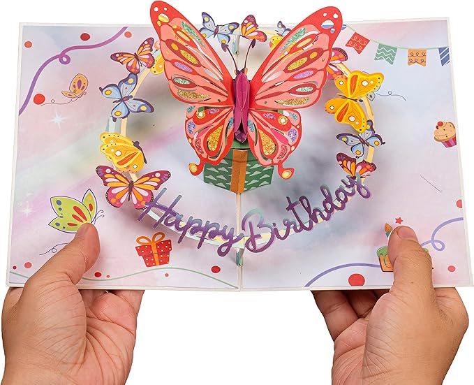 Paper Love 3D Pop Up Birthday Card, Butterfly, For Adults and Kids - 5"x7" Cover - Includes Envelope and Note Tag