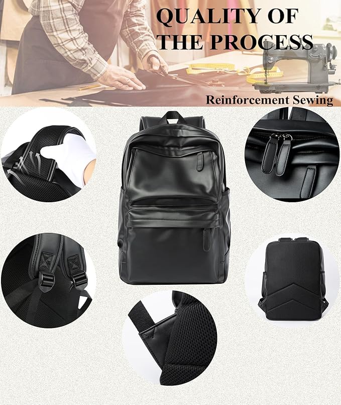 Black Leather Backpack, Large Capacity Carry On Back Pack Fits 15.6'' Laptop, Water-Resistant Overnight Rucksack for Travel Hiking Business Work PU Backpack