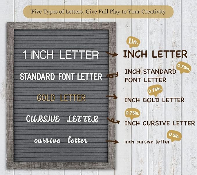 Felt Letter Board 12x16 Inch Rustic Wood Frame,Pre Cut & Sorted 725 Letters with Stand, Dark Grey Changeable Letter Boards Message Board Sign, Classroom Decor Farmhouse Wall Decor Sign Board