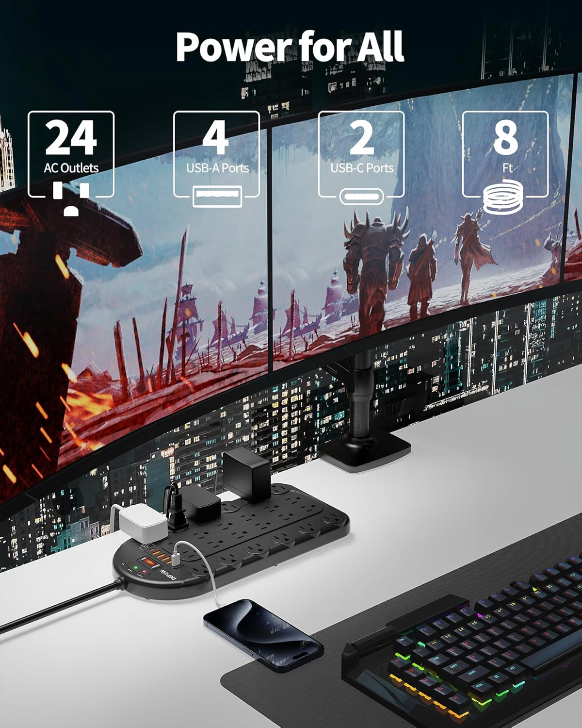 Power Strip, 24 AC Outlets (1875W/15A) with 6 USBs (2 USB-C Ports), ETL Listed, Surge Protector (3,400 Joules), 8 Ft Heavy Duty Flat Plug Extension Cord, Wall Mountable for Home, Office, Black