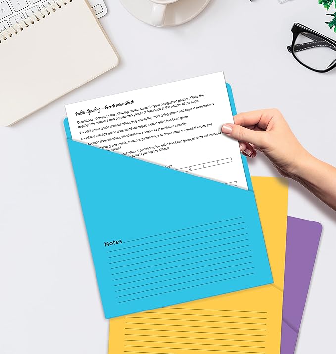 Better Office Products Lined Vertical Slash Pocket File Folders, 25 Pack, Assorted Colors, Letter Size Slash File Jacket with Notes on Front & Back, Half Pocket File Folders