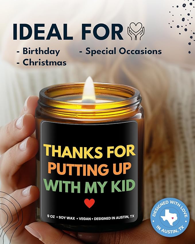 Funny Teacher Candle, Thanks for Putting Up with My Kid, Best Funny Teacher Gifts for Women & Men, Teacher Appreciation Gifts, Daycare Provider, Babysitter Christmas Gifts, Birthday, Gift-Ready