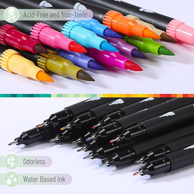 Mr. Pen- Dual Tip Brush Pens, 24 pcs, Assorted Color, Fine & Brush Tip Markers, Markers for Adult Coloring, Coloring Markers for Adults, Adult Coloring Markers, Brush Markers, Dual Tip Markers