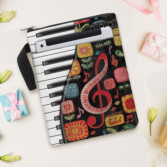 Piano Gift Book Sleeve Bag with Zipper and Front Pocket for Paperbacks. Washable Fabric 11 X 8.5 Padded Book Bag Protector Pouch. Colorful Pattern