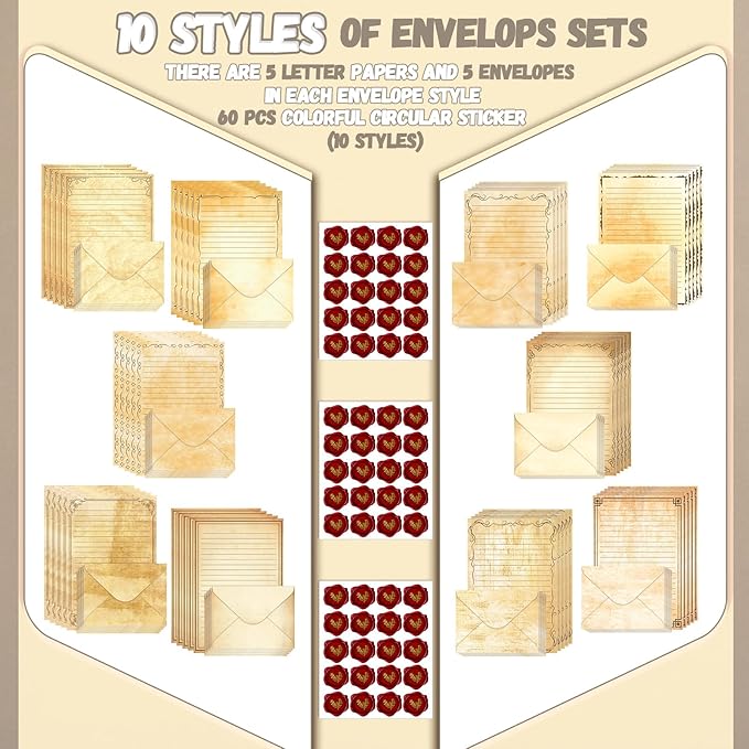 TaoBary 160 Packs Stationery Paper Set (50 Double Sided Stationery Writing Papers 50 Matching Envelopes) 60 Round Dot Sticker, 10 Design(Light Vintage,8.5 x 11 Inch)