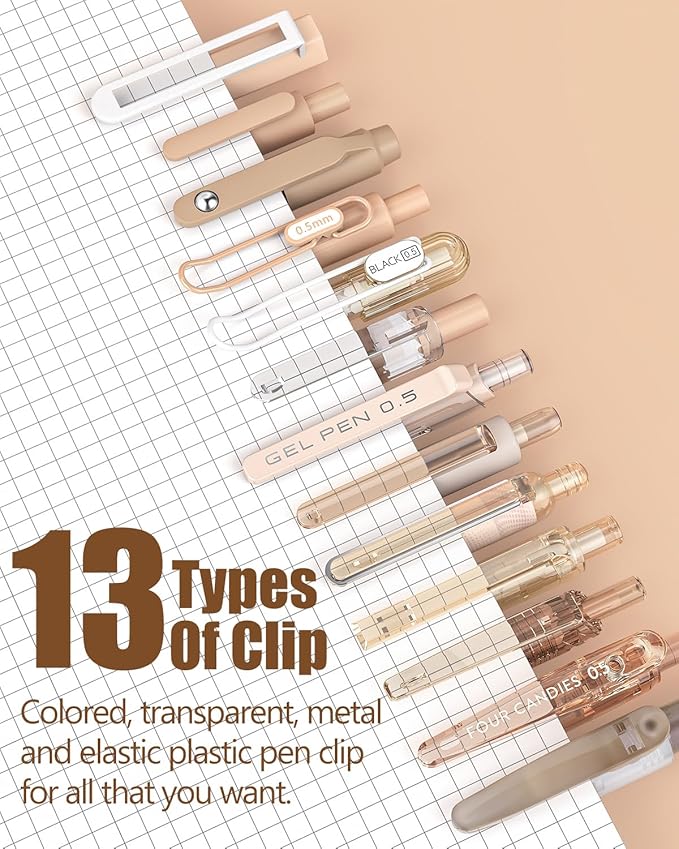 Four Candies 14Pack Pastel Gel Ink Pen Set,Cute Retractable 0.5mm Fine Point Pen,Note Taking Aesthetic Pens,12 Pack Black Ink Pens with 2Pack Highlighter, Smooth Writing Pens for School, Office(Brown)