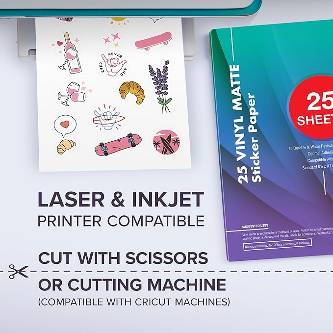 Premium Printable Vinyl Sticker Paper for Your Inkjet and Laser Printer – 25 Matte White Waterproof Decal Paper Sheets - Dries Quickly and Holds Ink Beautifully - Accessories Set for Cricut