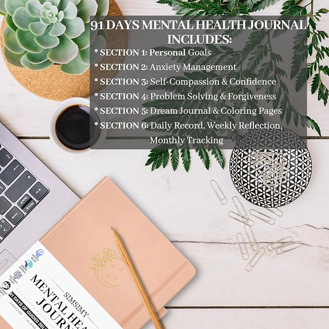 Mental Health Journal, 91-Day Self Care Journal for Women Men, Guided Anxiety & Stress Relief Journal with Mood Tracker, Cognitive Behavioral Therapy Journaling with Mental Health Coloring Pages & Dream Log