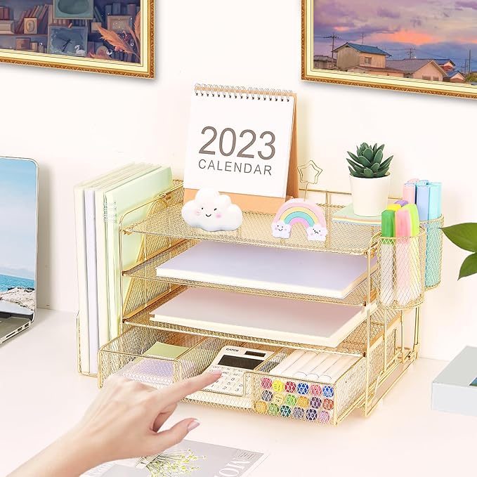 Desk Organizers and Accessories, Desk Accessories & Workspace Organizers for Office Supplies, File Organizer Desk Drawer Organizer with 2 Pen Holders, 4 Tier Paper Organizer for Desk (Gold)