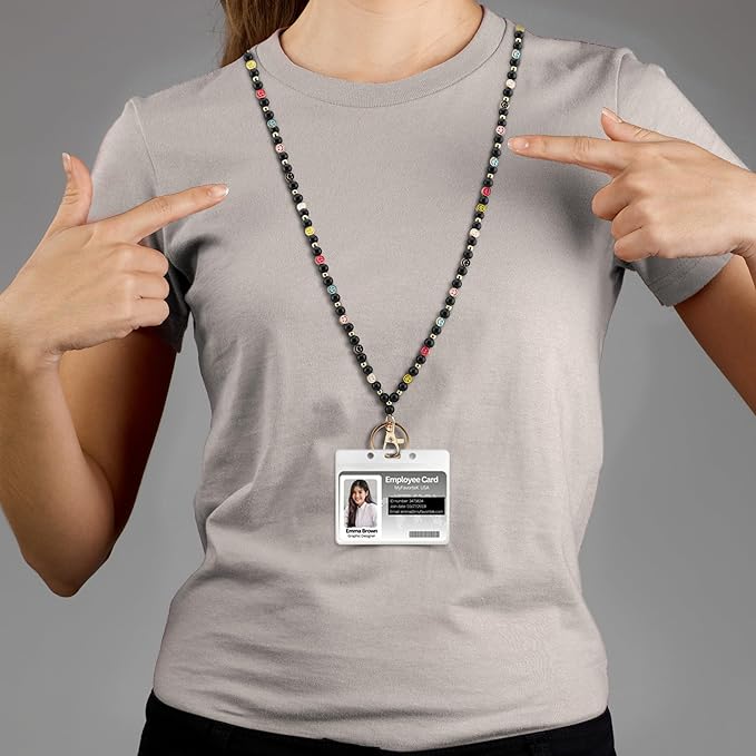 Smile Teacher Lanyard for Women ID Badges and Keychain Cute Happy Wood and Metal Beaded Lanyard Badge Holder