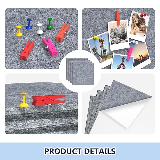 4 Pack Cork Board Tiles 12x12 Inches, 1/2" Thick Felt Cork Squares with 30 Push Pins, Bulletin Board Pin Board, Adhesive Cork Board for for Wall for Home, Office, and Kitchen (Gray)