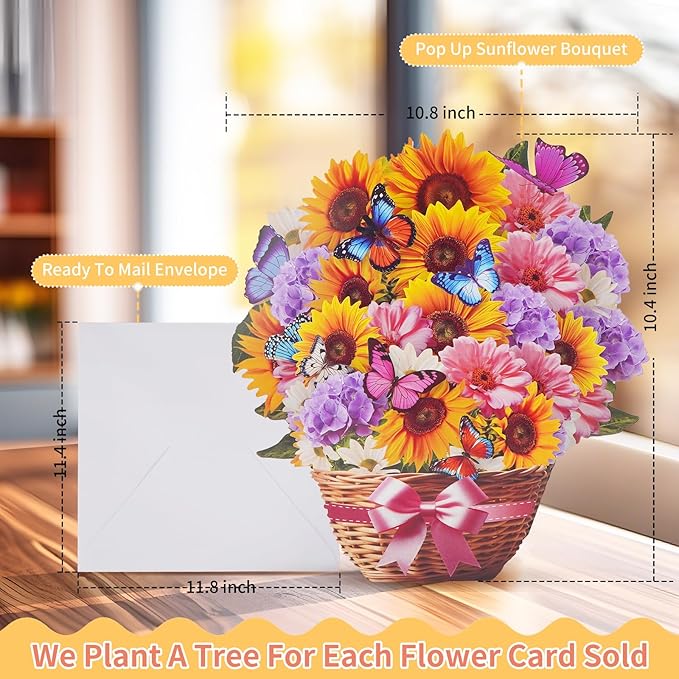 Flower Bouquet Birthday Cards with MUSIC & LIGHTS, 3D Pop Up Greeting Cards, 12 Inch Life Sized Sunflower Butterfly Mothers Day Cards for Mom Women Sister Daughter Grandma