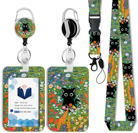 Cute Cat Hidden in The Flowers Badge Holder with Retractable Reel and Breakaway Lanyard，Badge Clips Retractable Heavy Duty Badge Reel，ID Holder with Breakaway Lanyard for School Nurse Office Teen ﻿3