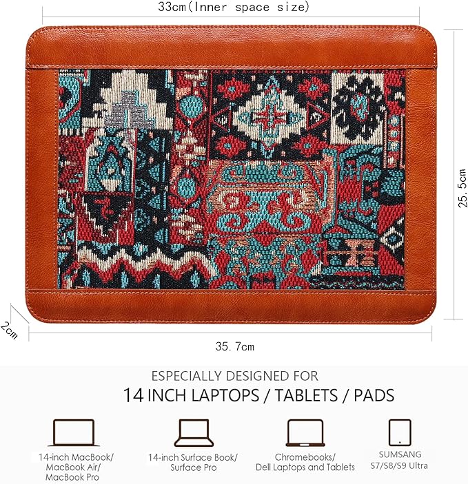 14 Inch Genuine Leather Laptop Sleeve for 14 Inch MacBook Pro/Max M3 M2 M1 Notebook Laptop Case,Laptop Sleeve Cover for 14 Inch Notebook,Mac Travel Case, Laptop Protective Pouch,Brown