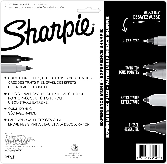 Sharpie Brush Twin Permanent Markers, Brush Tip Marker and Ultra Fine Tip Marker, Assorted, 12 Count