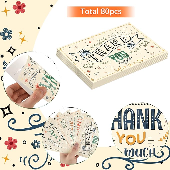 Junkin 80 Pack Thank You Postcards Thanks Blank Note Postcards Retro Appreciation Postcards Assorted Cards for Employee Teacher Adults Team Volunteers, 4 x 6 Inch