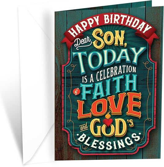 Prime Greetings Religious Birthday Card For Son, Made in America, Eco-Friendly, Thick Card Stock with Premium Envelope 5in x 7.75in, Packaged in Protective Mailer