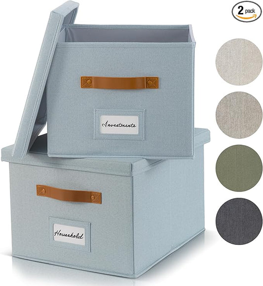 ZICOTO Decorative File Organizer Box Set of 2 - Collapsible Linen Filing Cabinets w/Handles Are Perfect to Store all Your Documents & Hanging File Folders - Portable Easy Slide Crates with Lid