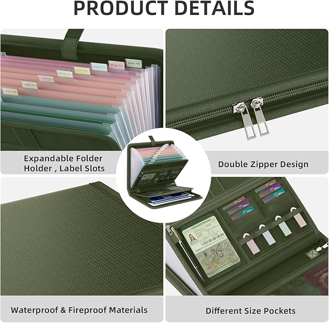 Fireproof Accordion File Organizer, Portable Expanding File Folder with Waterproof Zipper&Labels, Green Document Organizer with 13 Pockets, File Organizer for Important Document/Paper Storage