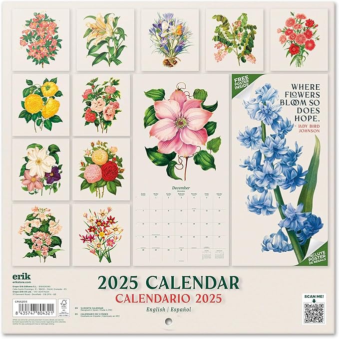 Botanical Wall Calendar 2025 12" x 12" FSC® Plastic Free - Starts Week On Sunday | Square Wall Calendar | Family Planner Calendar 2025 | Flowers Calendar 2025