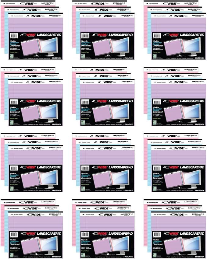 Roaring Spring Case of 12 Packs of 3 Landscape Note Pads, 11"x9.5", 40 sheets 16# Recycled pastel Paper Per Pads, 3 Assorted Colors, College Ruled