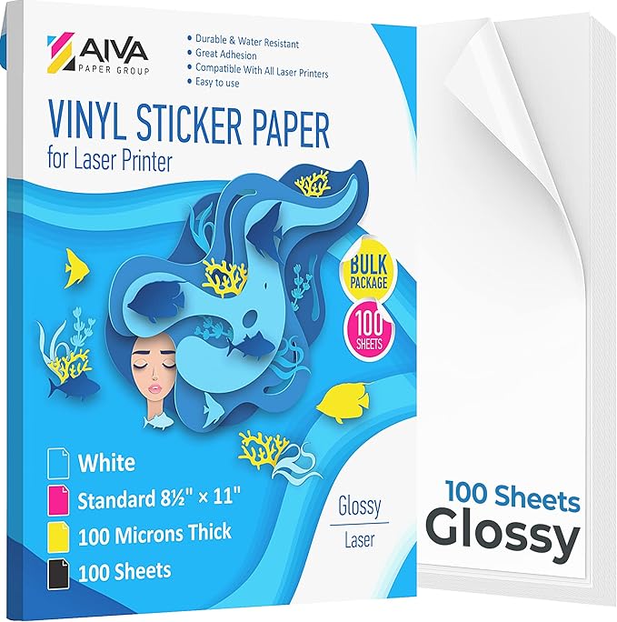 Printable Vinyl Sticker Paper for Laser Printer - Glossy White - 100 Self-Adhesive Sheets - Waterproof Decal Paper - Standard Letter Size 8.5"x11"