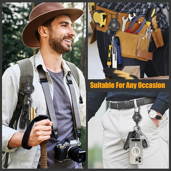 Oaridey Magnetic Retractable Keychain, Heavy Duty Carabiner Badge Holder with Phone Tether Tabs, Tactical ID Badge Reel with 31.8'' Coated Steel Cord and Lobster Clasp, Bearing 10.0 oz - 1 Pack