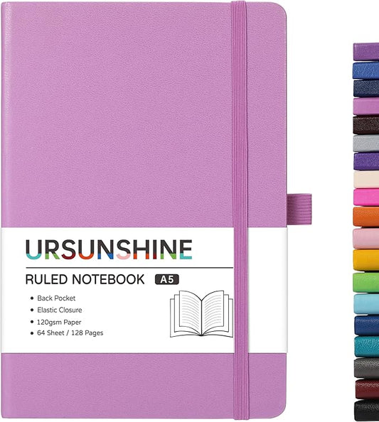 Ruled Notebook/Journal - Classic Lined Journal/Notebook, 5.3'' x 8.26'', Hardcover with Thick Paper, Banded + Pen Holder +Inner Pocket - Macaron Purple