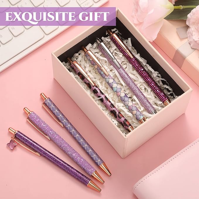 Sherr 7 Pcs Fancy Pens for Women Cute Sparkly Glitter Pens with 10 Pcs Black Ink Refills Pretty Gifts for Girls Office School Christmas Graduation(Purple,Stylish)