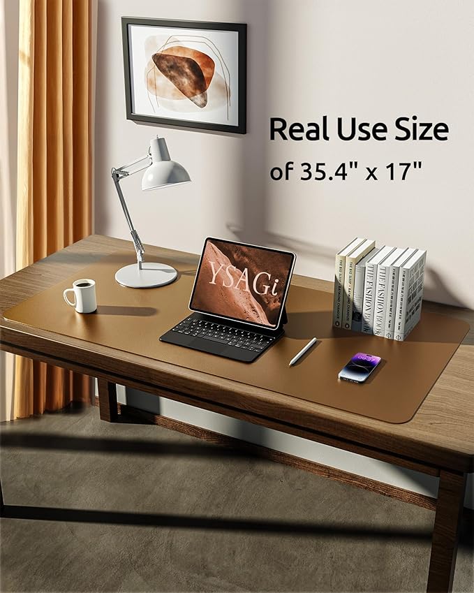 YSAGi Leather Desk Protector, Office Mat, Large Mouse Mat, Non-Slip PU Leather Blotter, Laptop Desk, Waterproof Writing Pad for Office and Home (Bronze, 35.4" x 17")