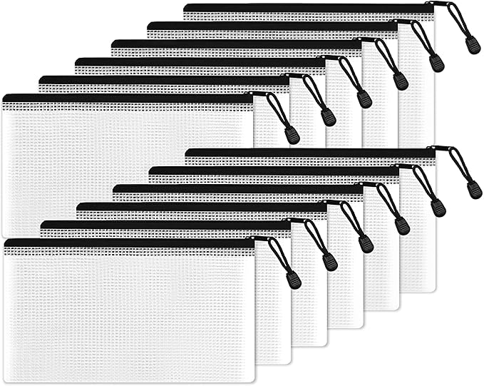 SUNEE Plastic Mesh Zipper Pouch 4x9 in (Black, 12 Packs), Small Water-Resistant Zip Bag for School Office Supplies, Pencil Organizing Storage
