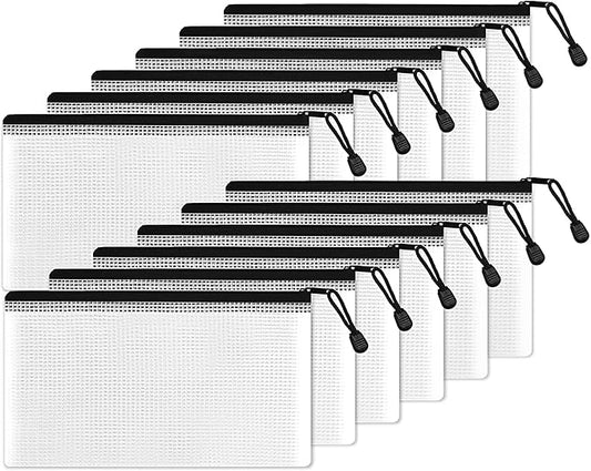 SUNEE Plastic Mesh Zipper Pouch 4x9 in (Black, 12 Packs), Small Water-Resistant Zip Bag for School Office Supplies, Pencil Organizing Storage